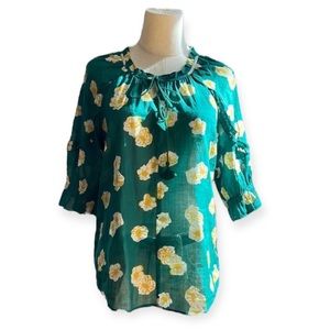 Anthropologie Daniel Rainn Ruffled Bell Short Slv Green White Yellow Floral M